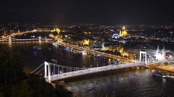 Vysoký úhel noční pohled na most Elizabeth v Budapest — Stock fotografie