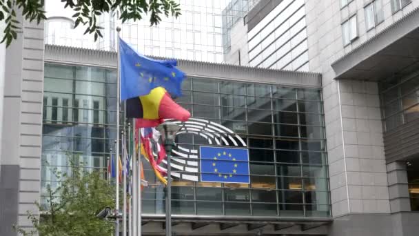 BRUXELLES, BELGIO - 13 OTTOBRE 2017: chiusura delle bandiere fuori dal parlamento europeo a Bruxelles — Video Stock