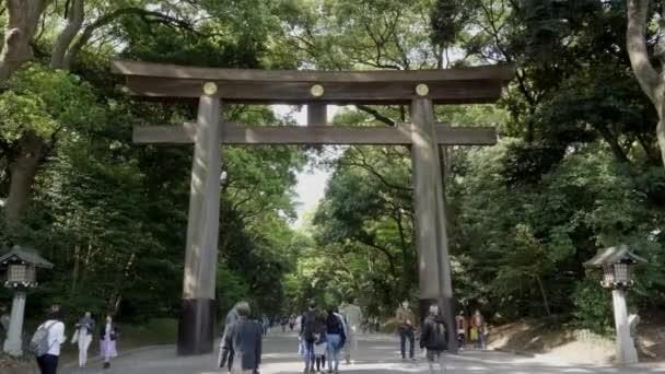 TOKYO, JAPONYAN - 10 Nisan 2018: Meiji tapınağının girişindeki torii kapısına doğru yürüyorum — Stok video