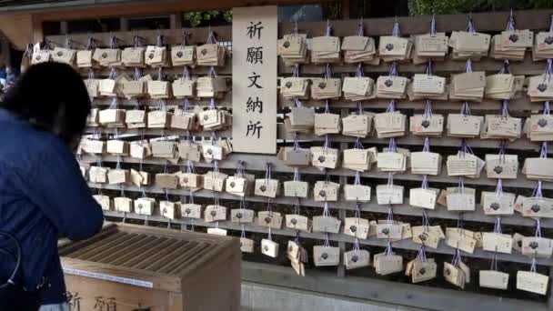 Japon kadın Tokyo 'daki Meiji Tapınağı' na bir dua kartı bırakmış. — Stok video