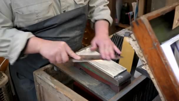 Mistr řemeslník brousí nůž ručně na trhu tsukiji v Tokiu — Stock video