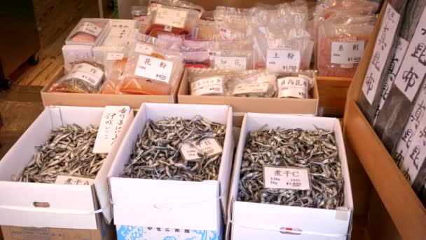 TOKYO, JAPAN - APRIL, 19, 2018: dozen kleine gedroogde vis op tsukiji vismarkt in tokyo — Stockvideo