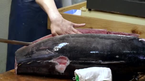 Tæt på en arbejdstager en opskæring hele tun på tsukiji fiskemarkedet i tokyo – Stock-video