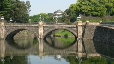 Tokyo 'daki Nijubashi taş köprüsünün ve imparatorluk sarayının geniş bir manzarası.