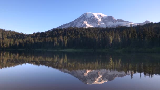 Klidný letní ráno pohled na mt deštivější a odraz jezera ve státě Washington — Stock video