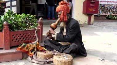 DELHI, Hindistan - 11 Mart 2019: Delhi caddesinde kobra yılanıyla yılan oynatıcısı