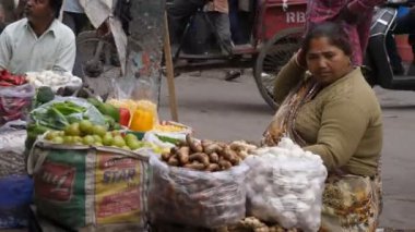 DELHI, Hindistan - 14 Mart 2019: Eski delhi 'deki baharat pazarında meyve ve sebze wallah - 4K 60p