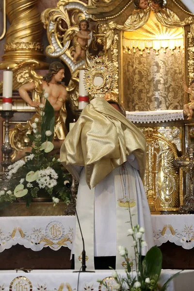 Kapłan Trzyma Rękach Najświętszy Sakrament Podczas Celebracji Kościele — Zdjęcie stockowe