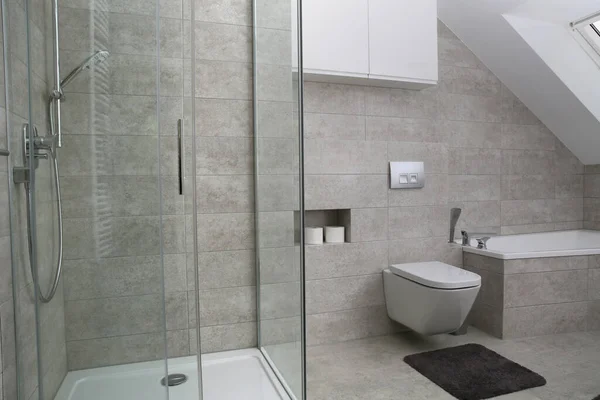 Modern Bathroom Gray Colors Simple Style Dalam Bahasa Inggris — Stok Foto