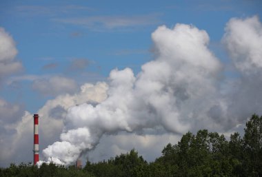 Güneşli bir yaz gününde bacalardan çıkan bir duman. .