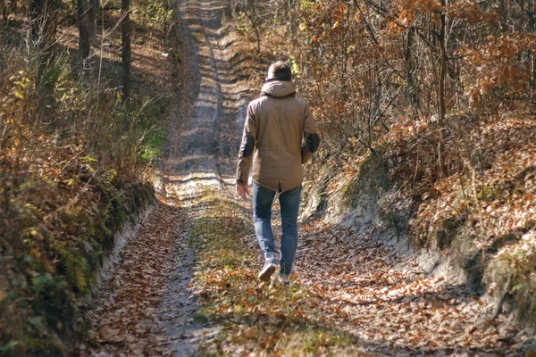 Genç adam ormanda yürüyor.
