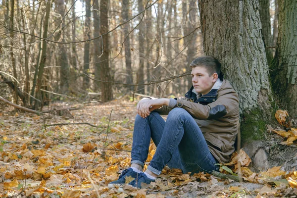 Joven sentado solo bajo el árbol en el bosque —  Fotos de Stock