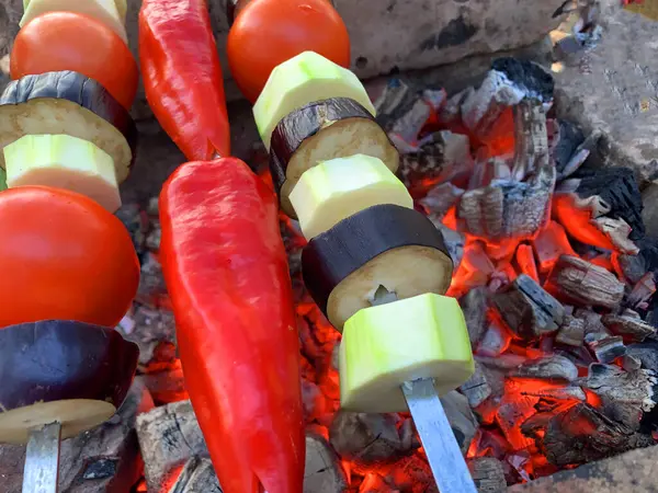 Bbq Vegetables Cooked Bonfire Close — Stock Photo, Image