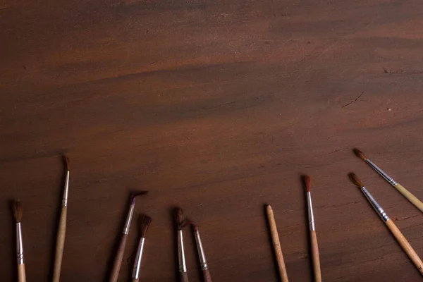 Foto Pinceles Sobre Fondo Madera Copiar Espacio — Foto de Stock