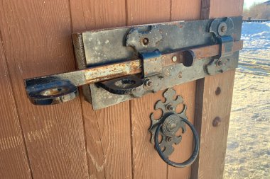 Old door knocker. Old wooden door