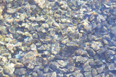 Su altında taşlar olan mavi su arka planı. Bulanık