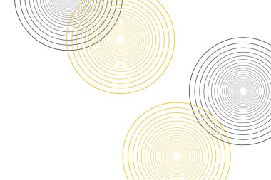 İnce çizgiler oluşturarak daireler oluşturan soyut bir arkaplan. Sarı ve siyah renkli modern, basit ve zarif vektör sanatı.