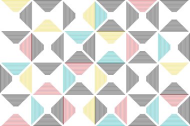 Çizgilerin üçgen oluşturmasıyla oluşan kusursuz soyut arkaplan deseni. Modern, oyuncu ve basit vektör sanatı sarı, siyah, kırmızı ve mavi renklerde.