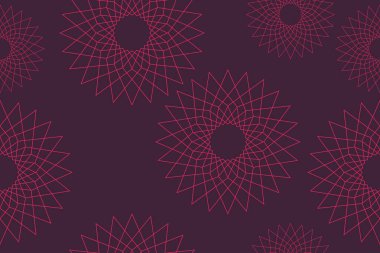 Kusursuz, soyut arkaplan deseni. Çiçek soyutlamasında tekrarlanan geometrik çizgilerle yapılmış. Pembe ve mor renkli modern, eğlenceli vektör sanatı.