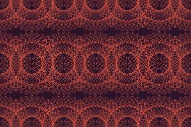 Kusursuz, soyut arka plan deseni tekrarlanan çizgilerle oluşturulmuş dağınık, kaotik geometrik şekiller. Turuncu ve mor renkli mandala konsept vektör sanatı.