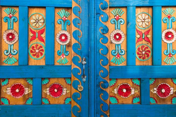 Close View Old Traditional Wooden Door Colorfully Painting Reflects Aegean — Stock Photo, Image