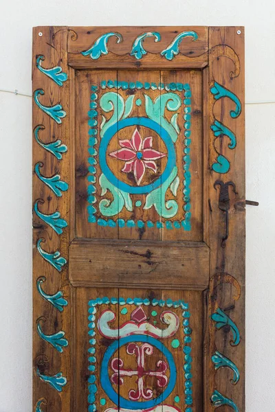 Close View Old Traditional Wooden Door Colorfully Painting Reflects Aegean — Stock Photo, Image