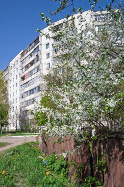 Güneşli bir ilkbahar gününde, açık mavi gökyüzünün altında yemyeşil ve çiçek açan ağaçlarla çevrili bir apartman dairesi..