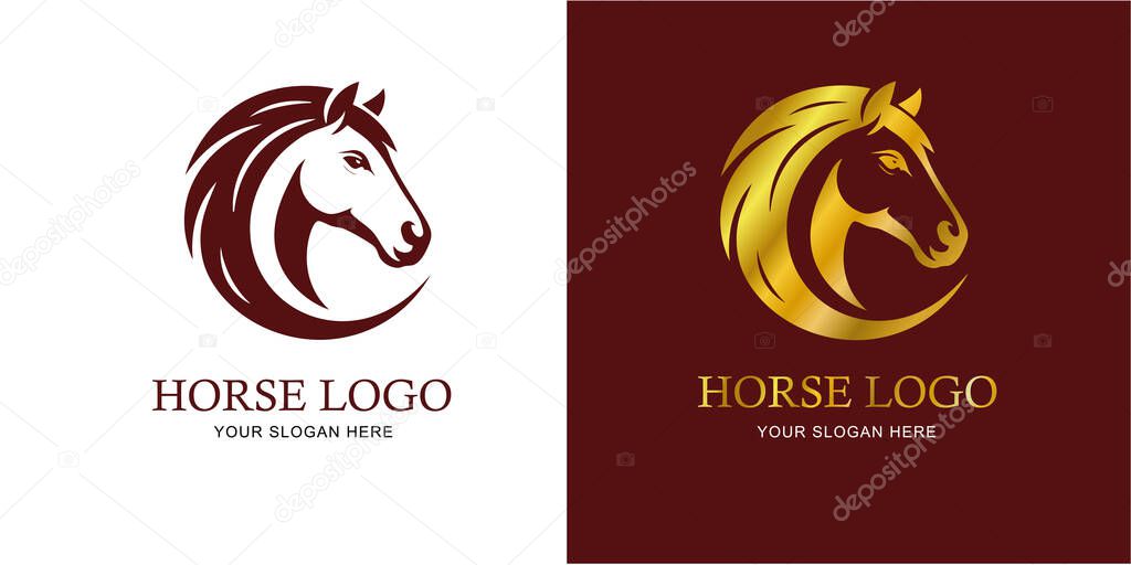 Stylish horse head logo in gold and burgundy, perfect for luxury branding, salons, hotels, premium products, corporate identity, and designs related to 2026 year or March 1 events.