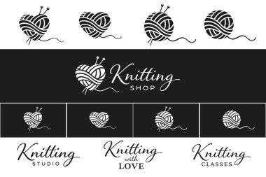 İplik kalpli ve iğneli logo seti. Örgü dükkanı, stüdyo, sınıf ya da el işi için modern el yapımı marka tasarımı. En az siyah ve beyaz logo koleksiyonu.