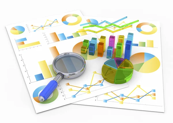 Gráfico, diagrama e lupa - 3D — Fotografia de Stock