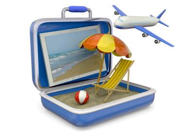 Plaj sandalyesi, şemsiye, can simidi, bavul, uçak ve kum.