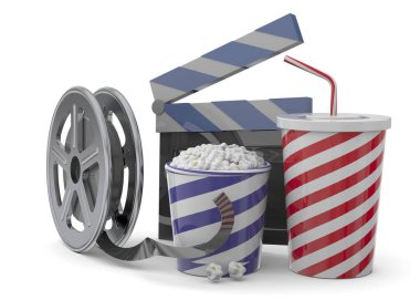 Beyaz arka planda patlamış mısır, içki ve sinema filmi