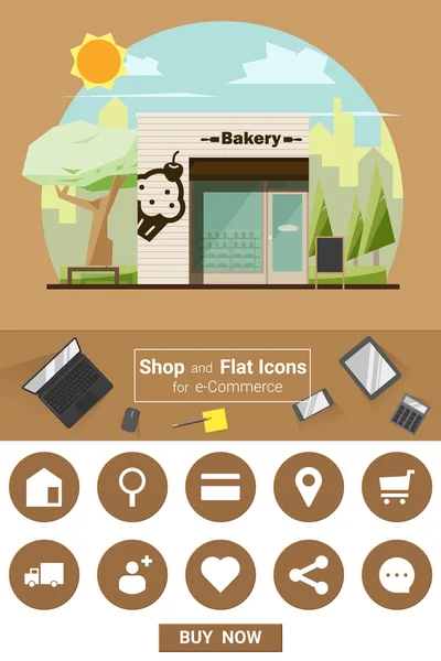 Sklep i płaskie ikony dla e-commerce piekarnia sklep, wektor, ilustracja — Wektor stockowy