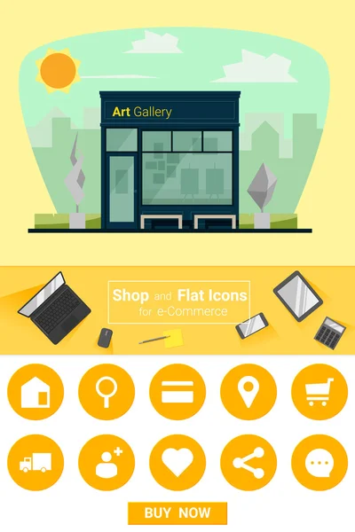 Tienda e iconos planos para el comercio electrónico Galería de arte, vector, ilustración — Vector de stock