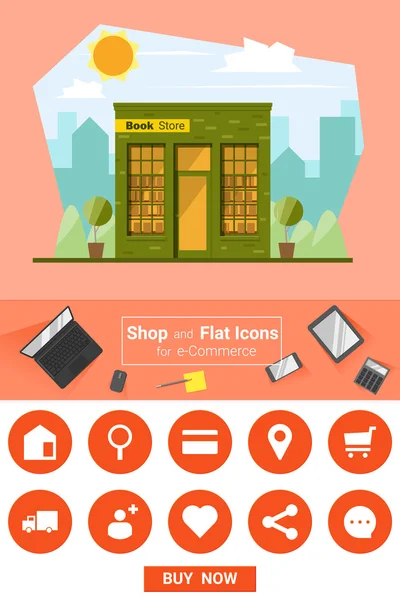 Shop und flache Icons für E-Commerce Buchladen, Vektor, Illustration — Stockvektor