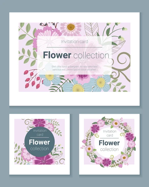 Jeu de cartes d'invitation avec fleurs colorées 6, vecteur, illustration — Image vectorielle