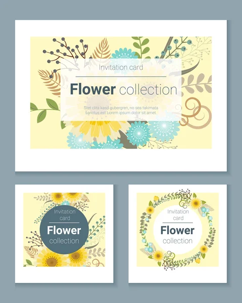 Conjunto de tarjetas de invitación con flores de colores 3, vector, ilustración — Archivo Imágenes Vectoriales