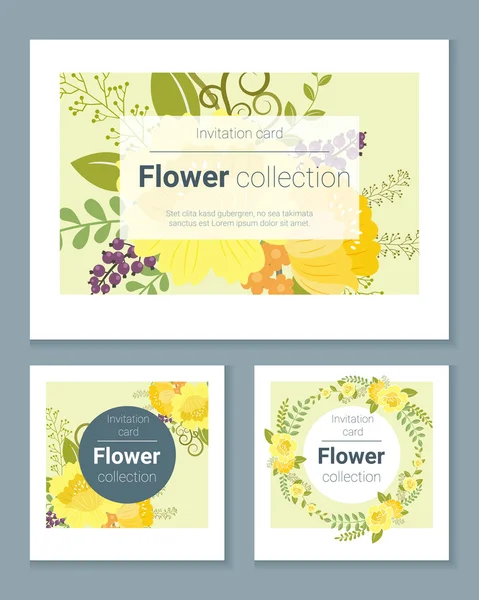 Conjunto de tarjetas de invitación con flores de colores 5, vector, ilustración — Archivo Imágenes Vectoriales