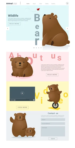 Tier Website Vorlage mit niedlichen Bären, Vektor, Illustration — Stockvektor
