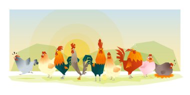 Animal background with chickens, vector, illustration clipart