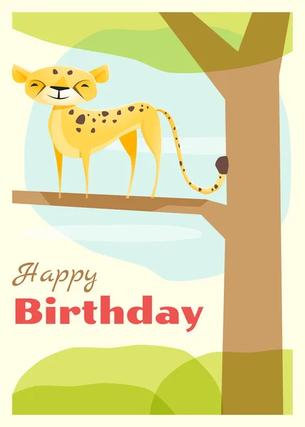 Cumpleaños y tarjeta de invitación fondo animal con guepardo, vector, ilustración — Vector de stock