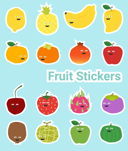 Conjunto de pegatinas de frutas divertidas, vector, ilustración — Archivo Imágenes Vectoriales