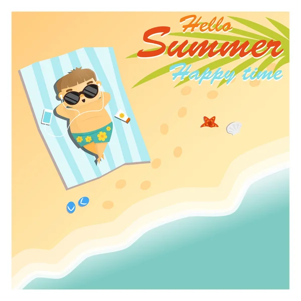 Liten pojke säga hej till sommaren glad tid, vektor, illustration — Stock vektor