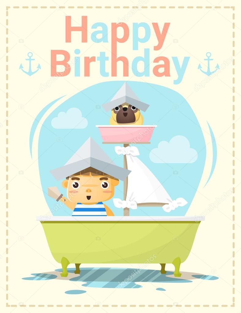 お誕生日おめでとうカード小さな少年と友人 ベクトル イラスト ストックベクター C Littleartvector