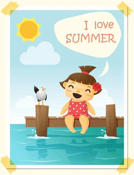 Desfrute de férias de verão tropicais com menina, vetor, ilustração —  Vetores de Stock