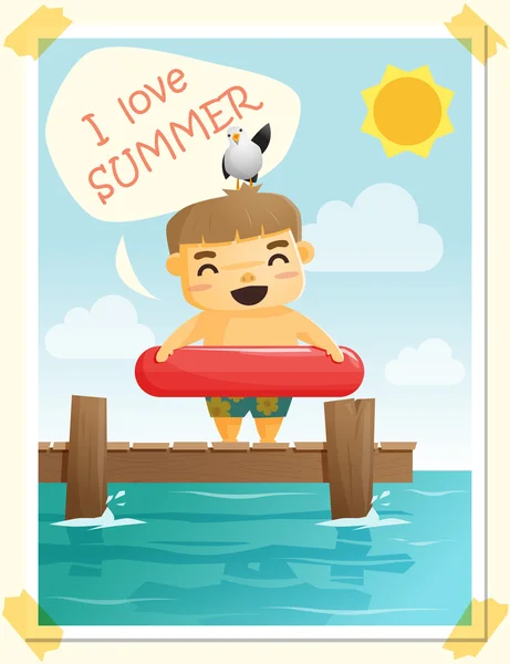작은 소년, 벡터, 삽화와 함께 열 대 여름 휴가 즐길 수 — 스톡 벡터