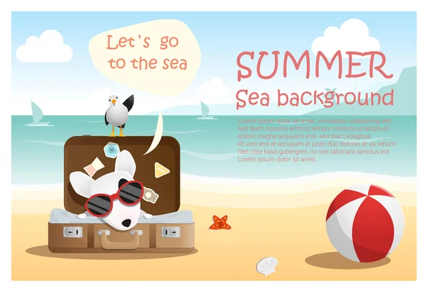 Disfrute de vacaciones tropicales de verano con perro pequeño, vector, ilustración — Vector de stock