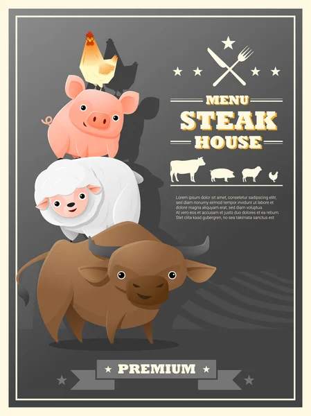 Menu Steakhouse met boerderijdieren, vector illustratie — Stockvector