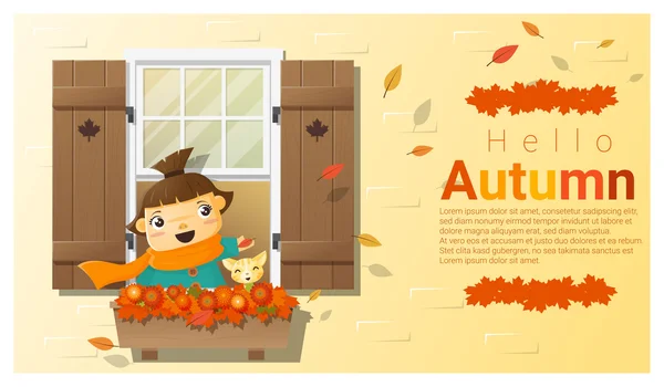 Hola fondo de otoño con niña, vector, ilustración — Vector de stock