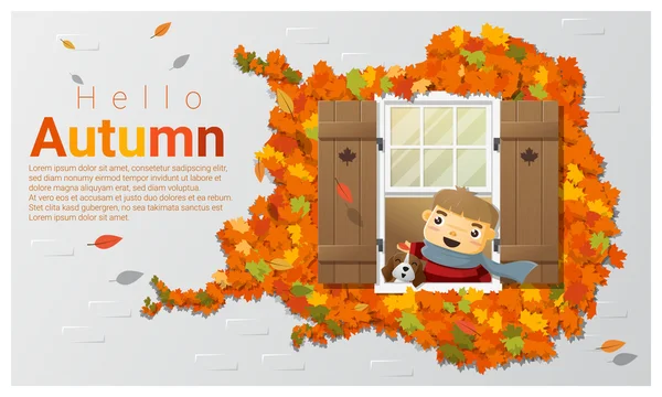 Hola fondo de otoño con niño pequeño, vector, ilustración — Vector de stock